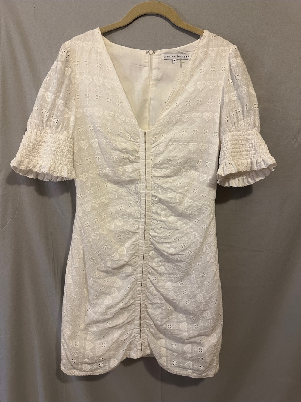 English Factory White Eyelet cottage core Ruched Mini Dress